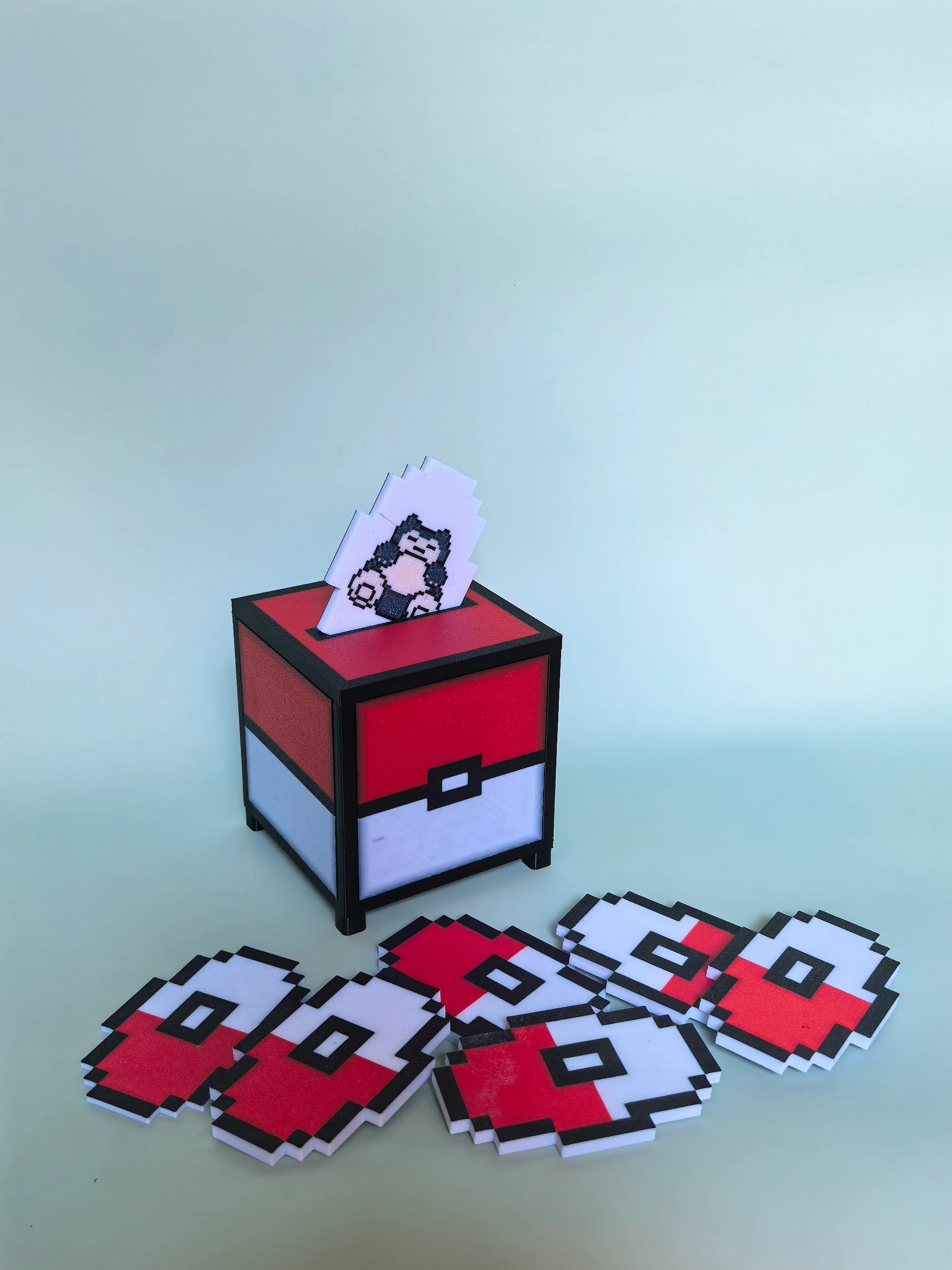 A dramatic Pokemon-inspired PixelJukebox with a sunset-to-twilight sky backdrop featuring Ash Ketchum and his starter squad — pixel-perfect NFC audio designed for the ultimate trainer.