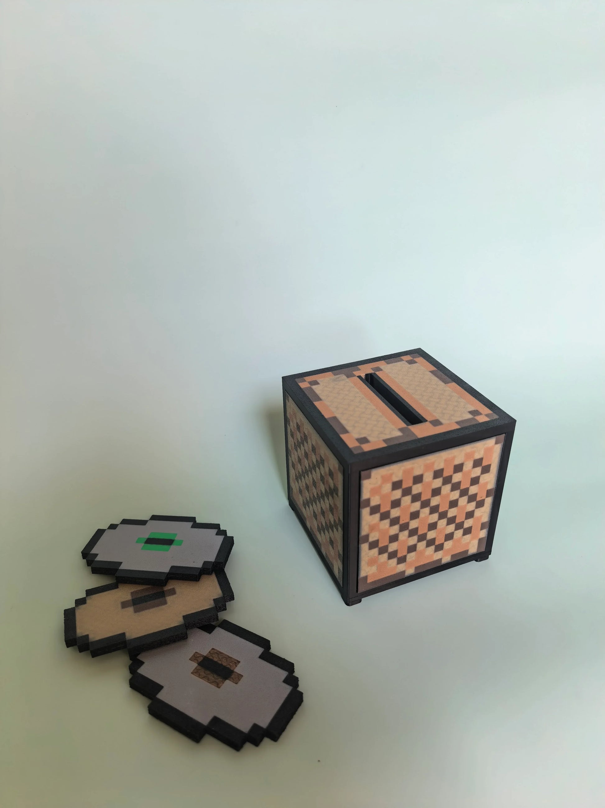 Close-up of PixelJukebox's pixel-perfect Minecraft-inspired design — blocky grass textures, glowing diamond highlights, and torch-lit redstone accents crafted in authentic voxel pixel art style.
